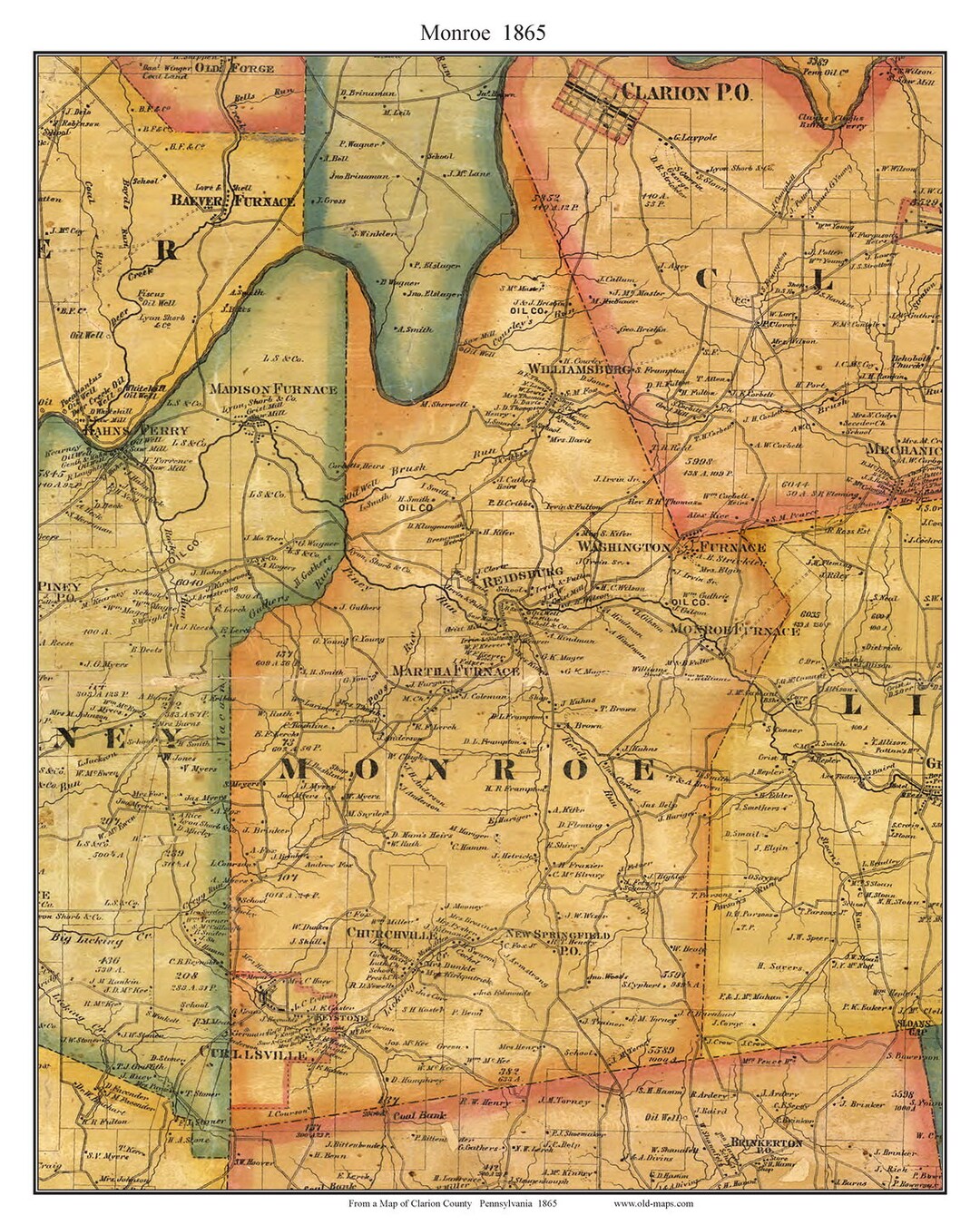 Monroe Township 1865 Old Town Map With Homeowner Names - Pennsylvania ...
