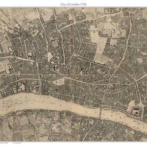 May include: A detailed black and white map of the City of London in 1746. The map shows the streets, buildings, and waterways of the city. The River Thames is clearly visible, as are the bridges that cross it. The map is a valuable historical document that provides insight into the layout and development of London in the 18th century.