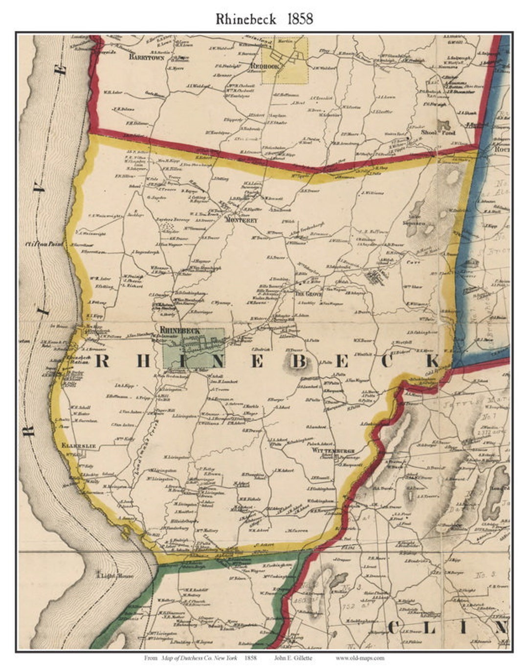 Rhinebeck 1858 Old Town Map With Homeowner Names New York Reprint