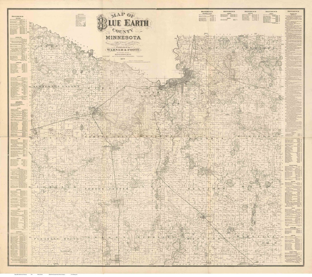 Blue Earth County Minnesota 1879 Old Wall Map Reprint With Homeowner
