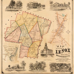 Lenox  1854 - Old Town Map - Homeowner Names -Genealogy - Berkshire County - Massachusetts Reprint Cities Other