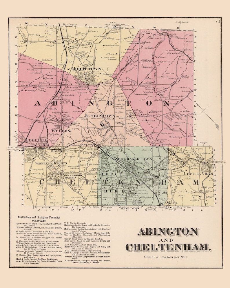 Abington 1871 Old Town Map Homeowner Names Cheltenham Etsy