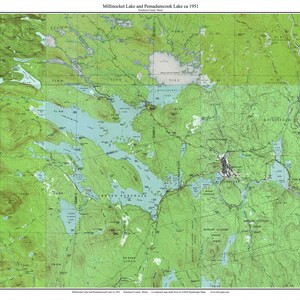 May include: A vintage map of Millinocket Lake and Permacook Lake in Maine, circa 1951. The map shows the lakes and surrounding forest area with contour lines and other geographical features. The map is printed on a light green background with blue water features.