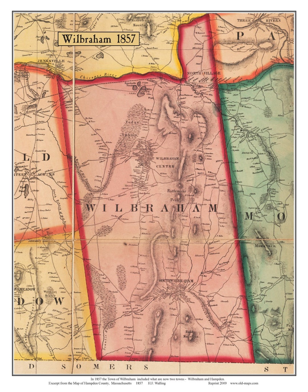 Wilbraham 1857 Old Town Map With Homeowner Names Massachusetts Etsy