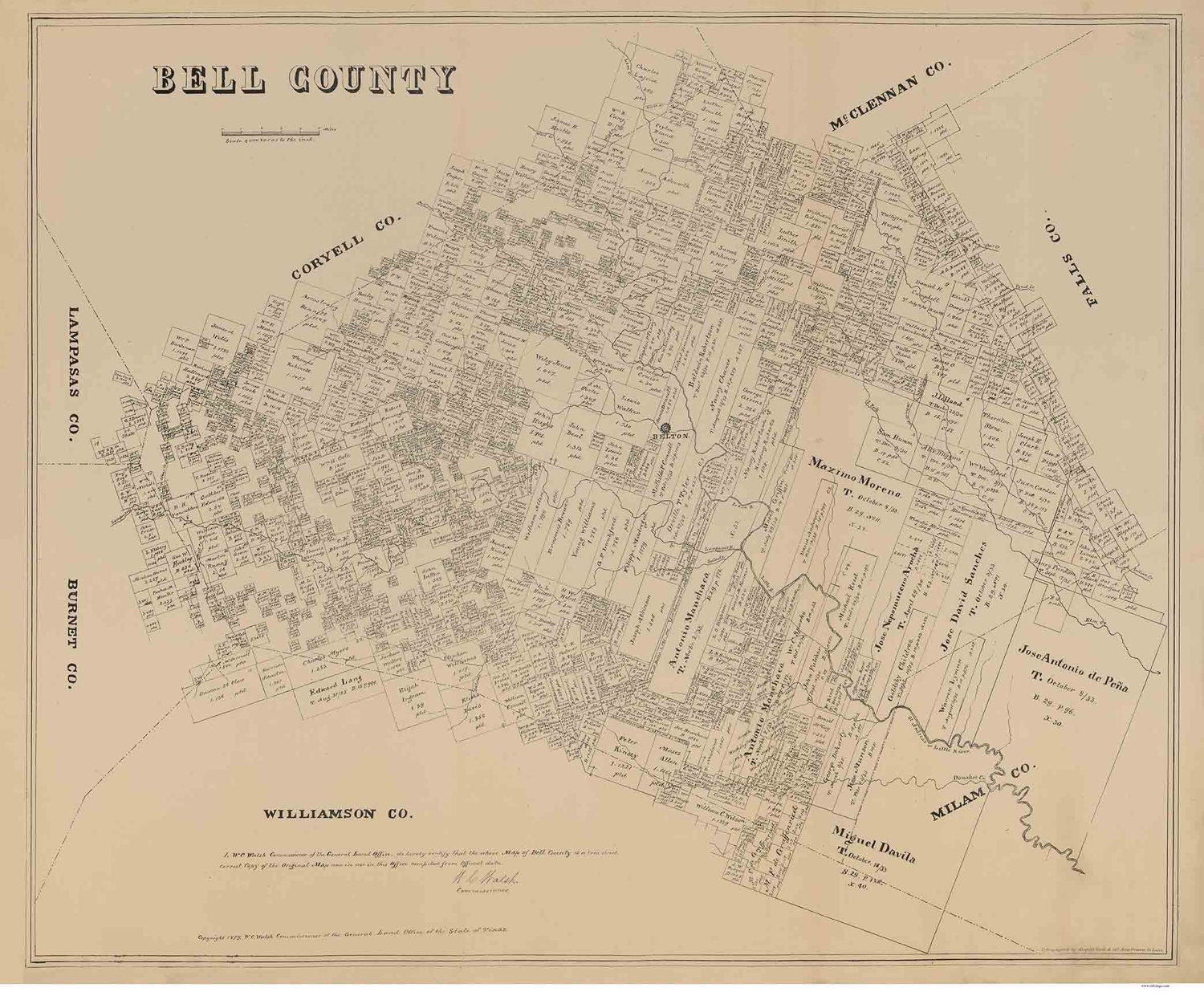 Bell County Texas 1879 Old Wall Map Reprint With Land Etsy