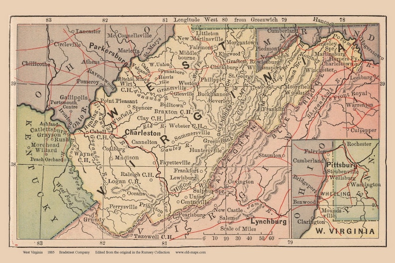 West Virginia State Map 1885 - Old State Map Reprint - Etsy