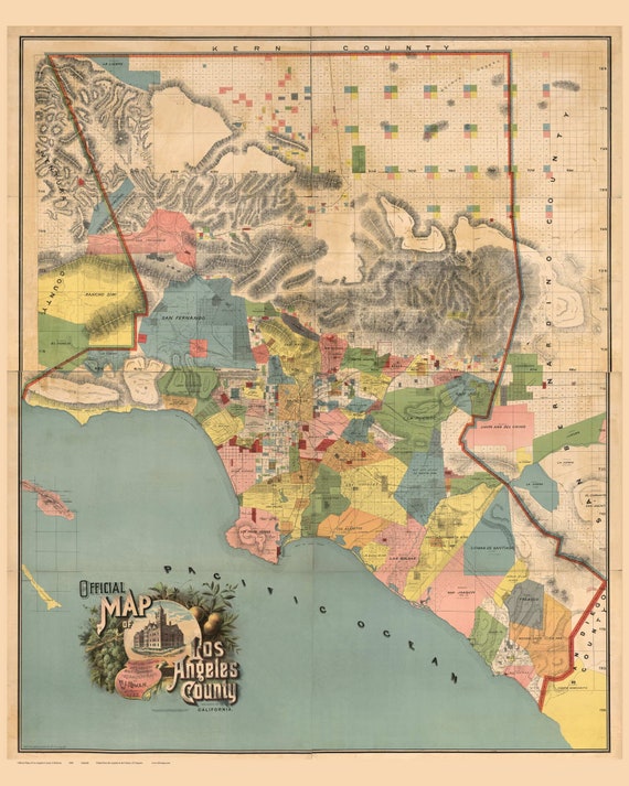Los Angeles County California 1888 - Old Wall Map Reprint With