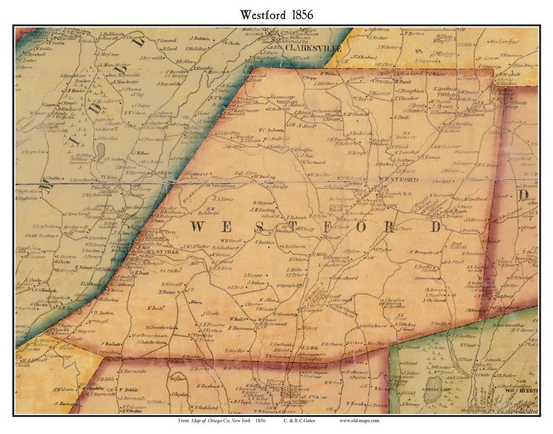 Westford 1856 Old Town Map With Homeowner Names New York Etsy