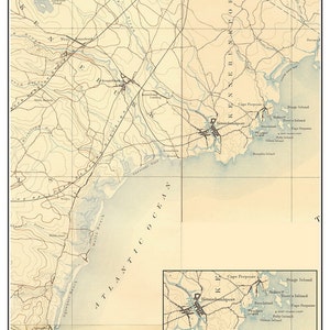 May include: A vintage topographical map of Kennebunkport and Ogunquit, Maine, from 1891. The map shows the coastline, rivers, and roads of the area. The map is printed on a cream-colored paper with black lines and text.