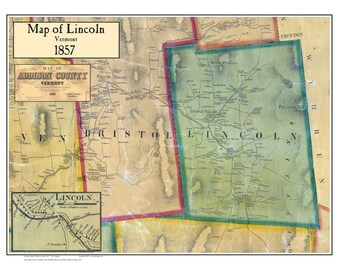 Lincoln 1857 Old Town Map with Homeowner Names Vermont - Reprint Addison Co VT TM