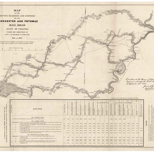 May include: A black and white map of the Winchester and Potomac Rail Road in the state of Virginia. The map shows the routes examined and surveyed for the rail road. The map is dated 1832.