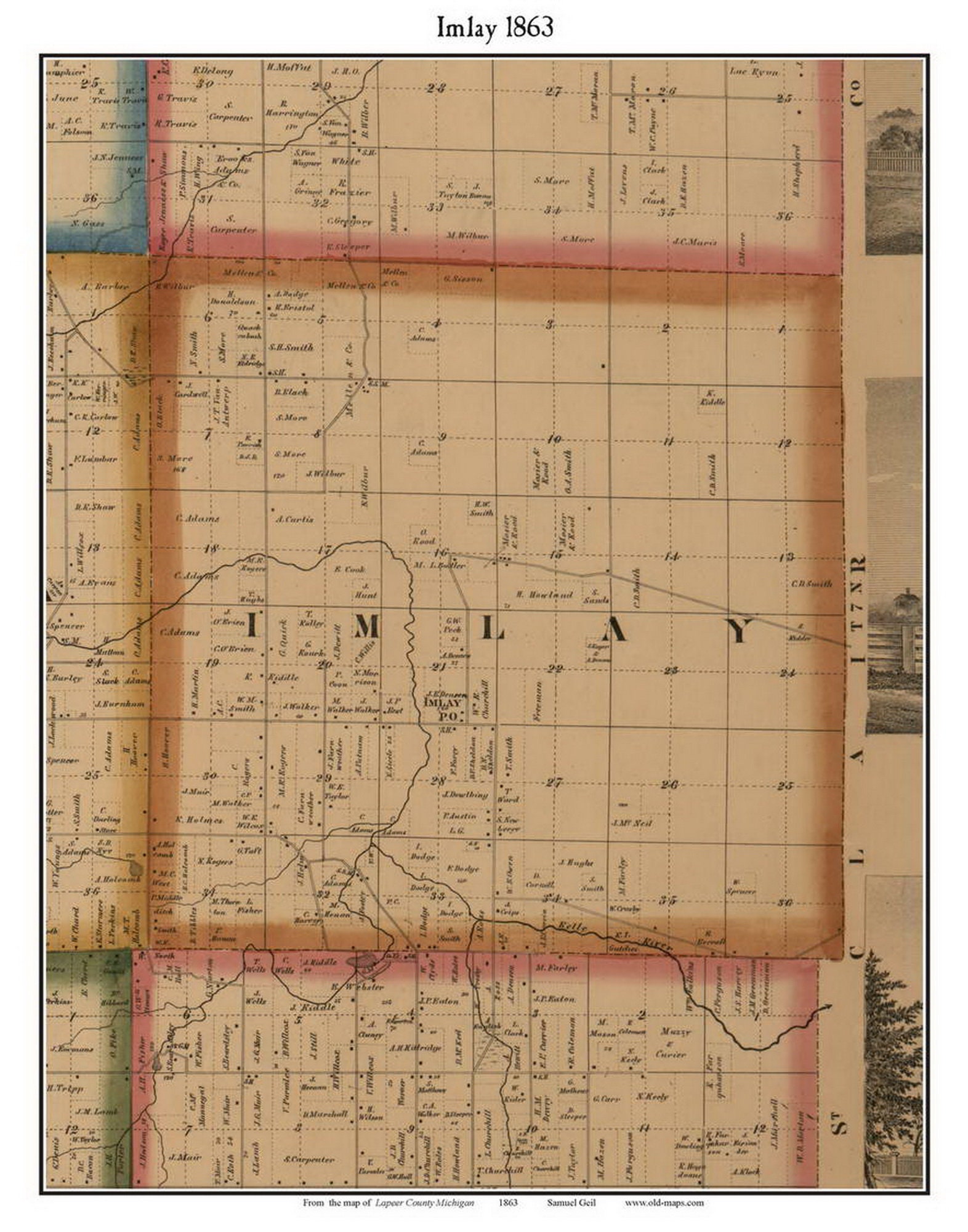Innlay Maps Imlay 1863 Old Town Map With Homeowner Names - Michigan - Reprint ...