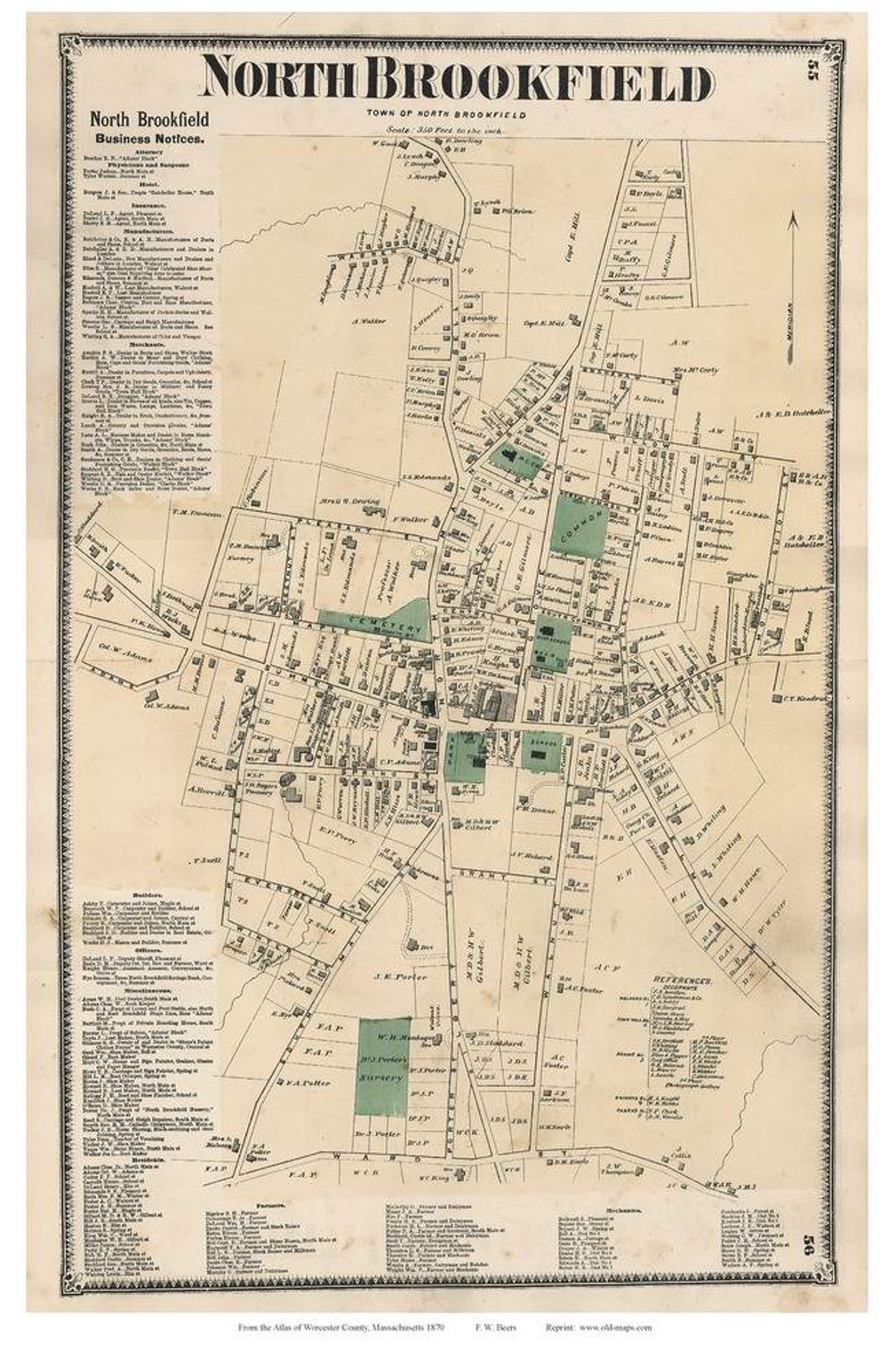 North Brookfield Village 1870 Old Town Map With Homeowner Etsy