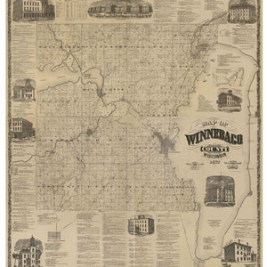 Winnebago County Wisconsin  1873 - Old Wall Map Reprint with Homeowner Names -  Farm Lines