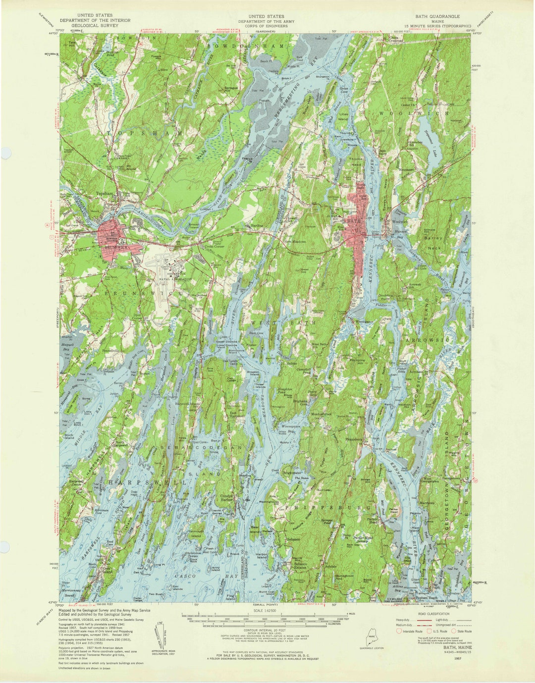 Bath 19571960 Old Topo Map Brunswick Arrowsic Topsham Harpswell