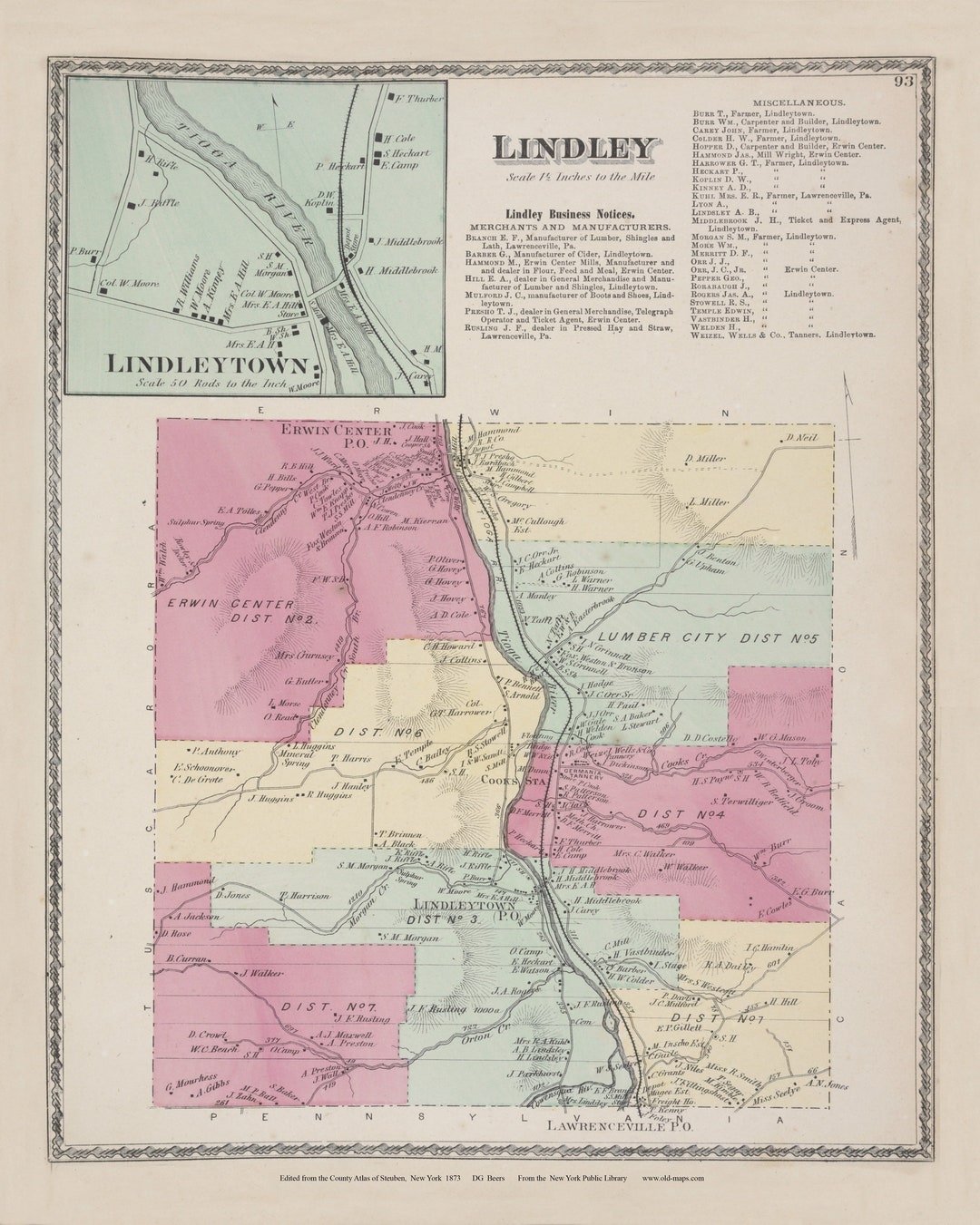 Lindley 1873 Map Lindleytown Homeowner Names Reprint Steuben Co Beers