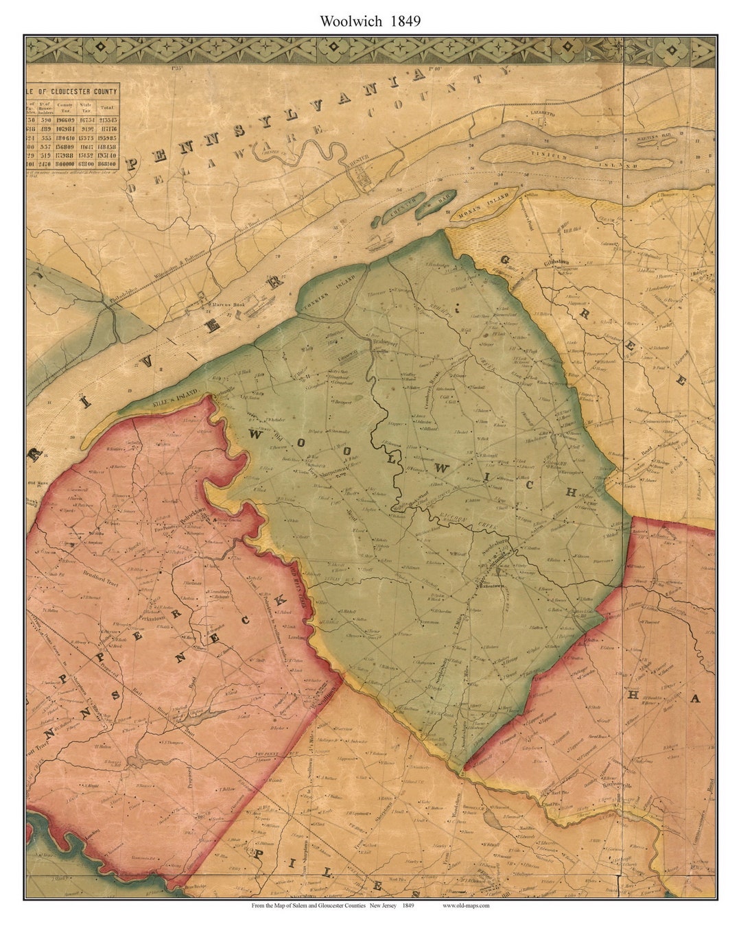 Woolwich 1849 Old Town Map New Jersey Reprint Genealogy Salem