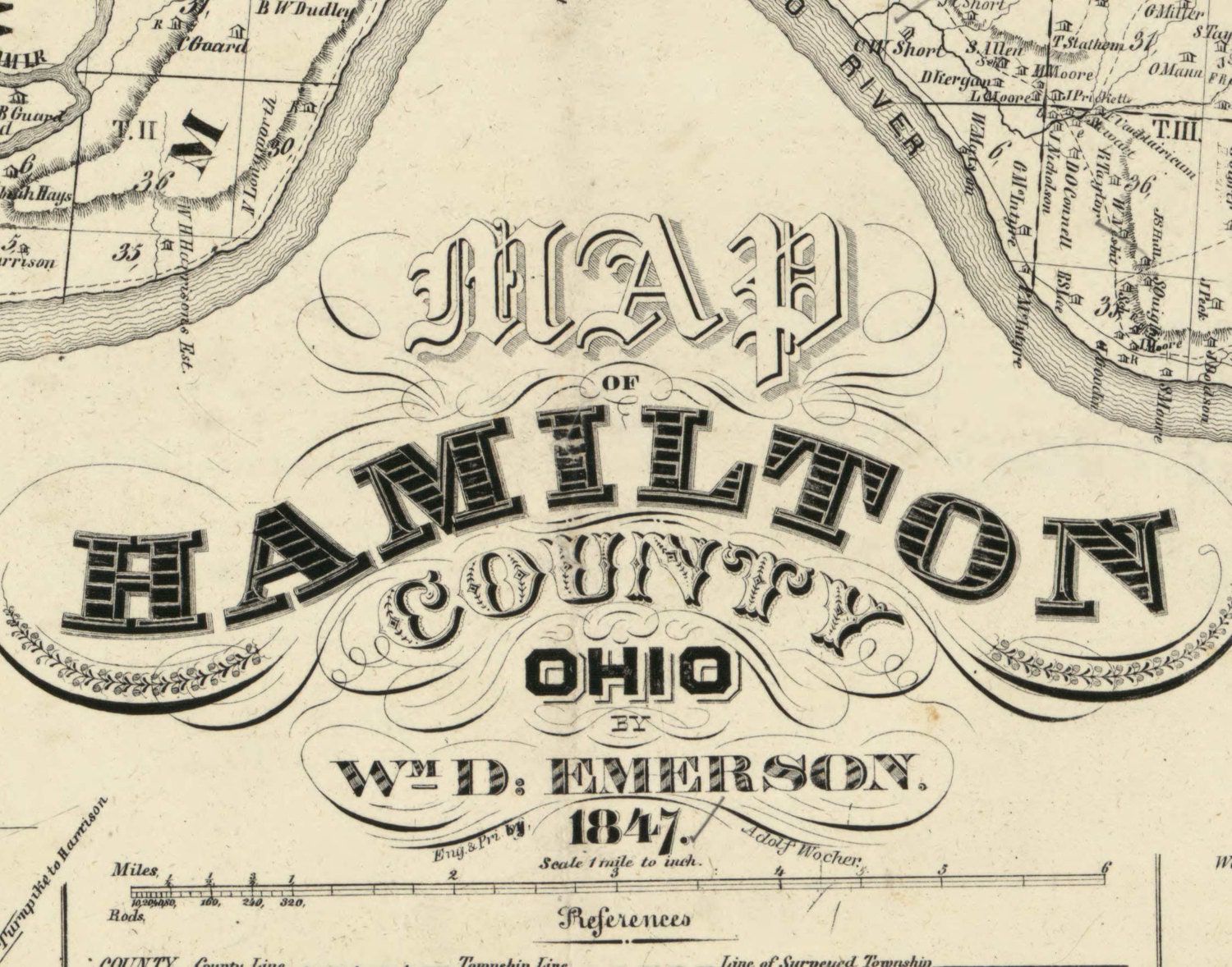 Hamilton County Ohio 1847 Old Wall Map Reprint with Etsy