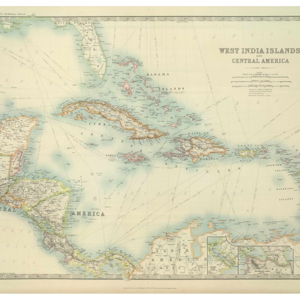 West Indies 1912  Vintage Old Map - Reprint