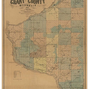 Grant County Wisconsin  1857 - Old Wall Map Reprint with Homeowner Names - Farm Lines
