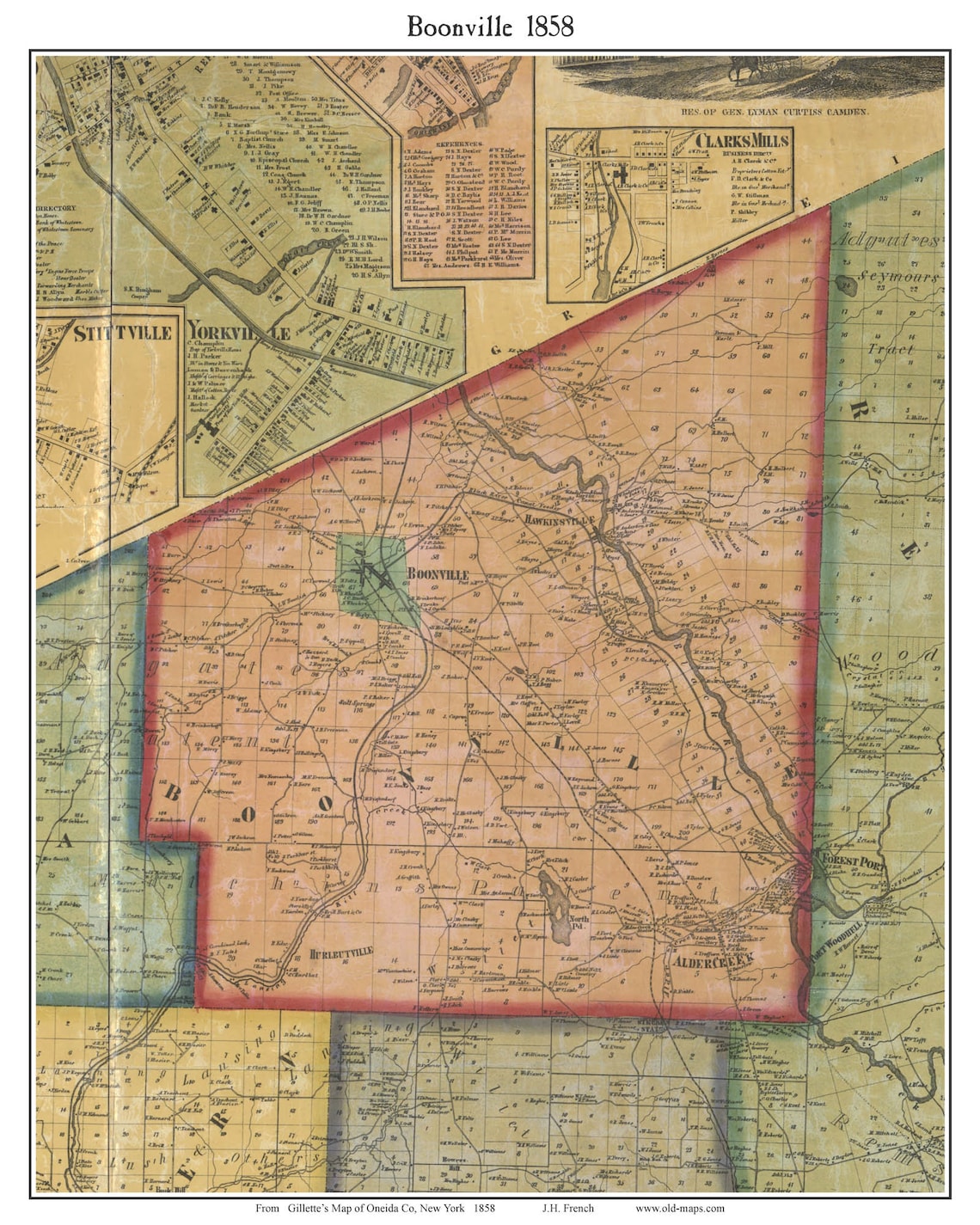 Boonville 1858 Old Town Map With Homeowner Names New York Reprint