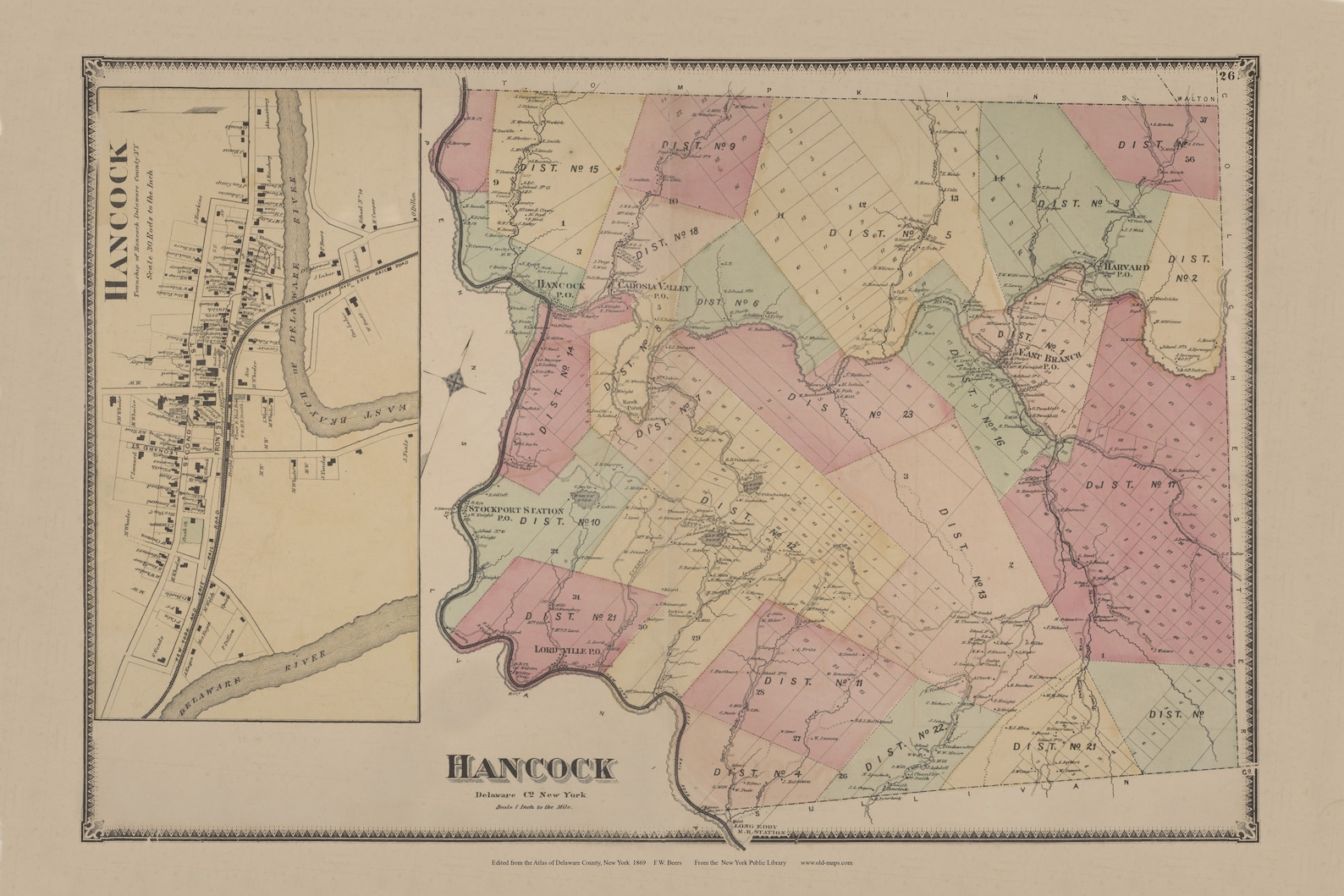 Hancock 1869 New York Delaware Co Atlas Old Town Map Reprint NY 025 Etsy