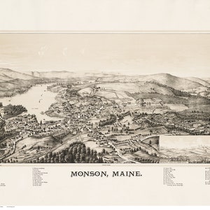 Monson, Maine - 1889 - Old Map- Birds Eye View Reprint