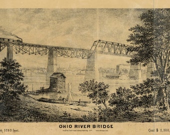 Ohio River Bridge 1875 Old Town Map with Homeowner Names Indiana Reprint Genealogy Clark County IN TM