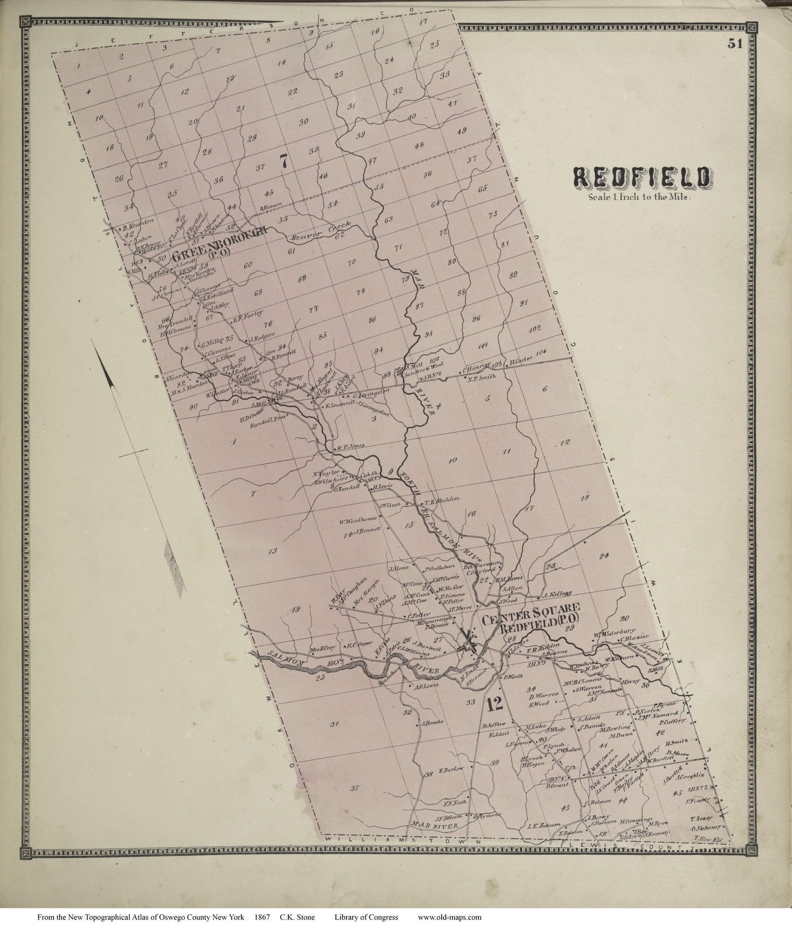 Redfield 1867 Oswego County New York Old Town Map Etsy