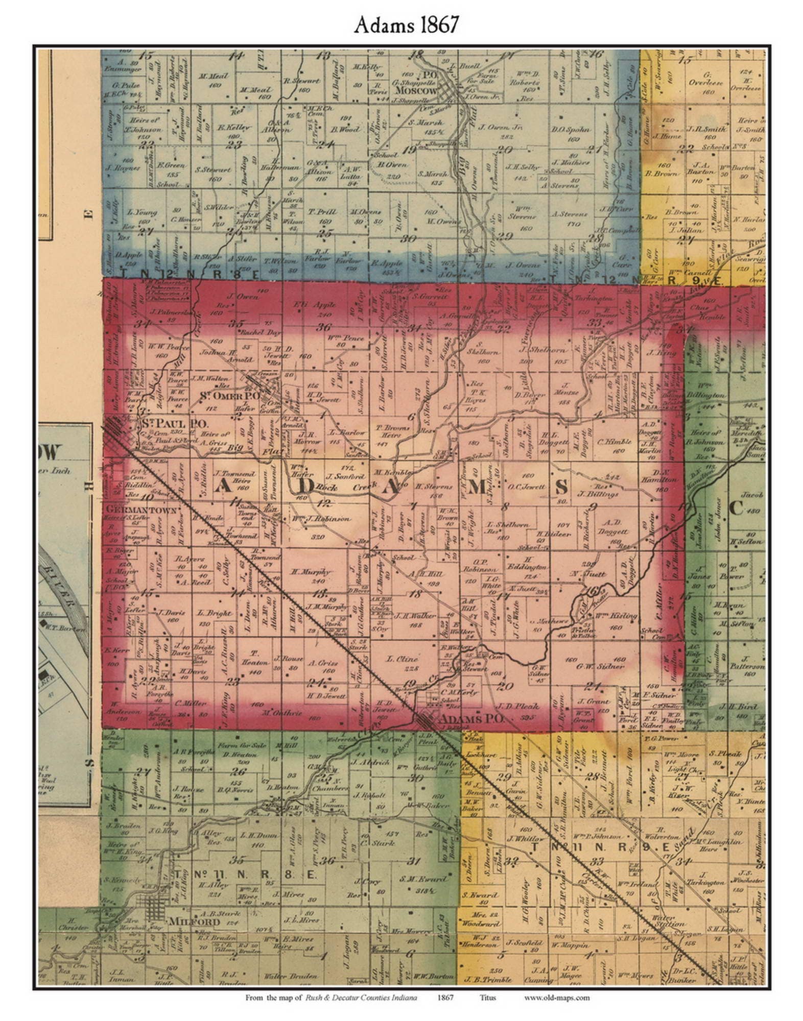 Adams 1867 Old Town Map With Homeowner Names Indiana St Paul St Omer ...