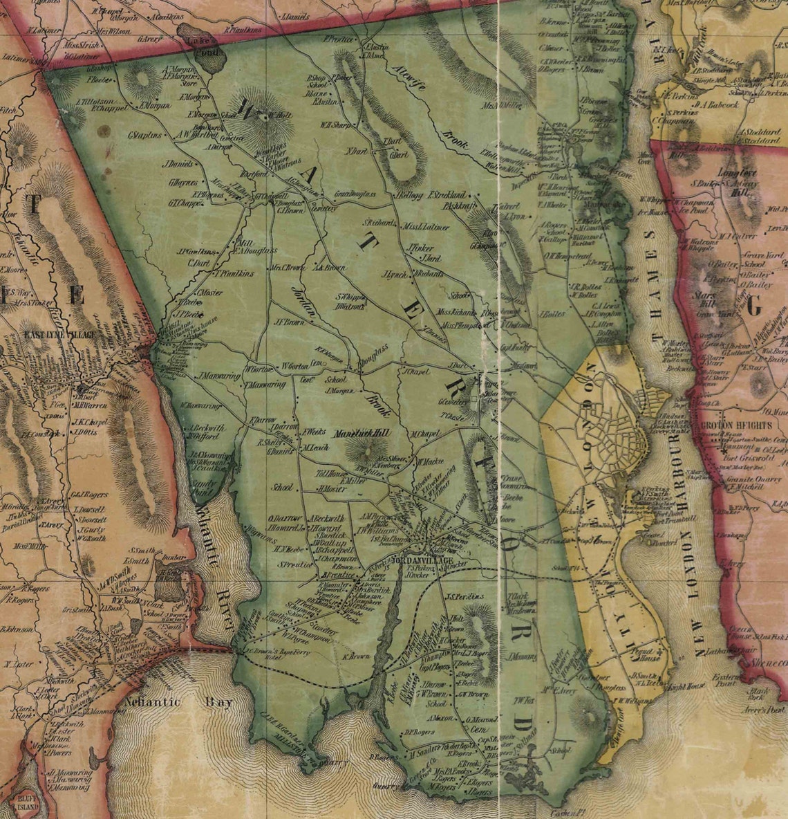 New London County Connecticut 1854 Old Wall Map Reprint Etsy