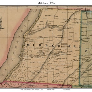 May include: An antique map of Middlesex County, New York, from 1855. The map is printed on paper and shows the county's roads, rivers, and towns. The map is in a light brown color with some areas highlighted in pink and green.