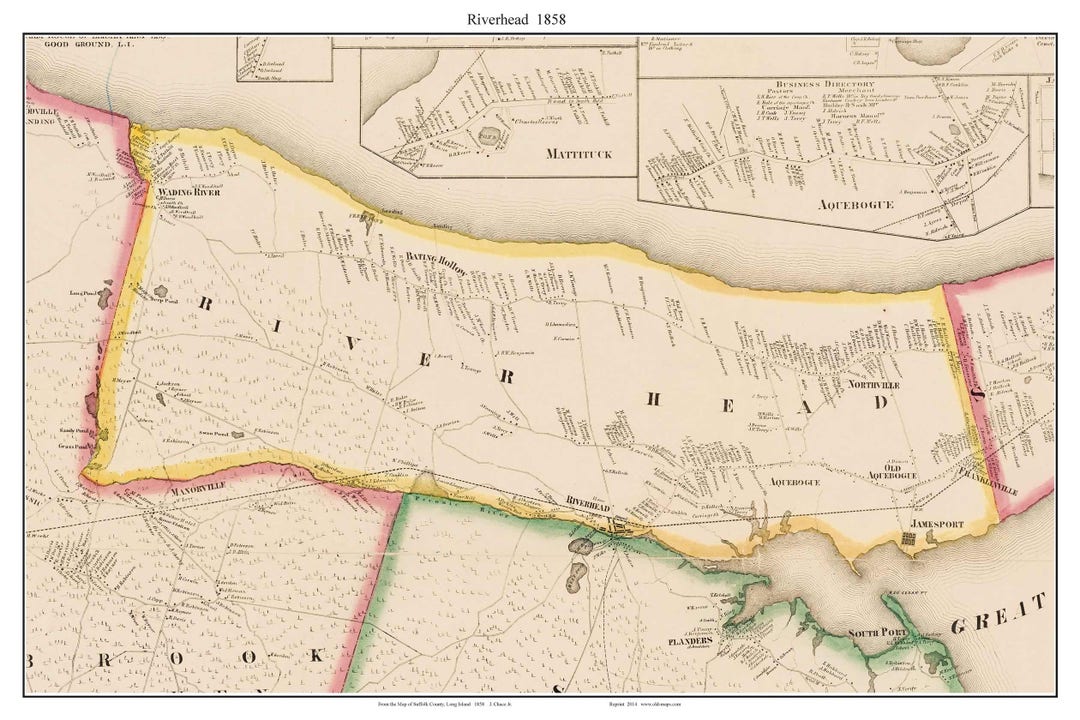 Riverhead New York 1858 Map Wading River Bating Hollow Aquebogue Jamesport Northville