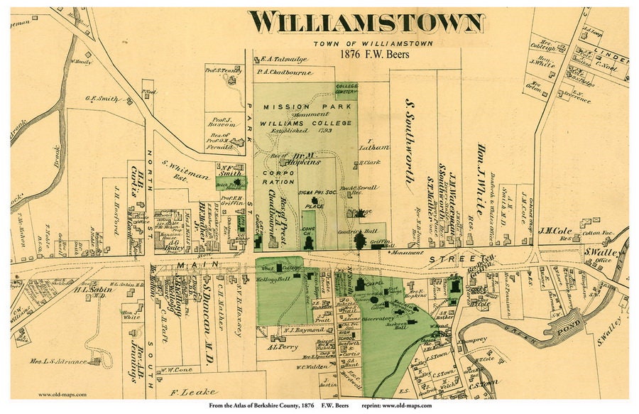 Williamstown Village closeup 1876 Old Town Map Reprint Berkshire County