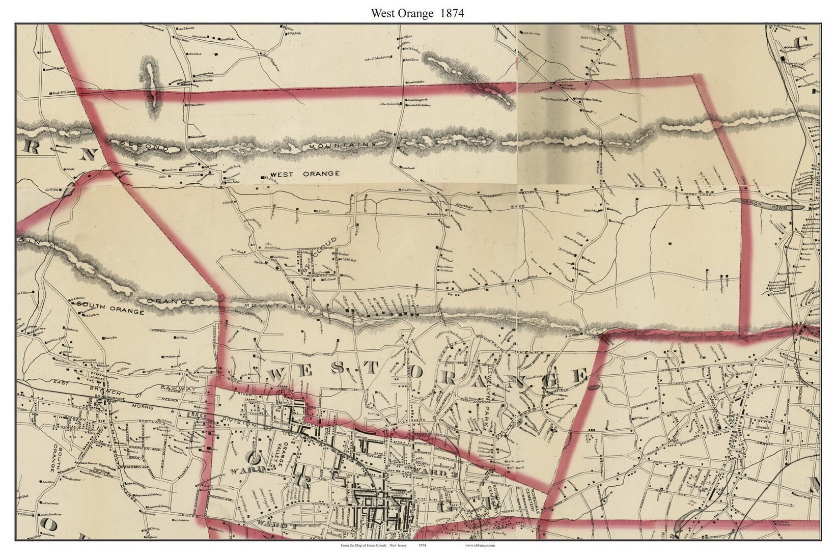 West Orange 1874 Old Town Map With Homeowner Names New Jersey Reprint