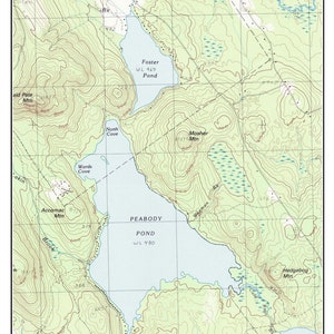 May include: A topographical map of Peabody Pond in Maine, dated 1983. The map shows the pond's shape, surrounding terrain, and various features like coves, mountains, and streams. The map also includes elevation contours and water level information.