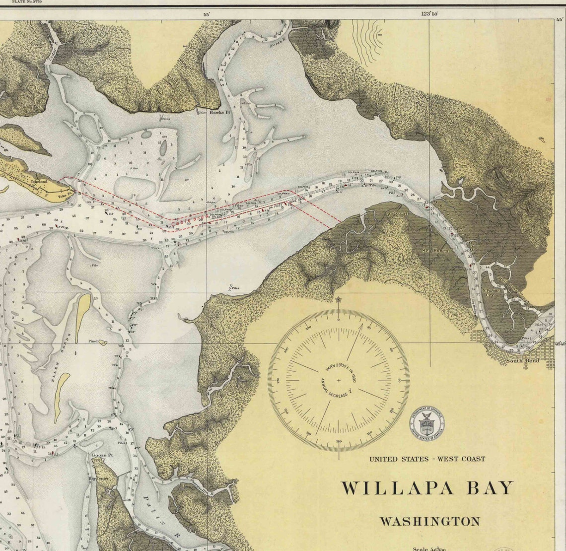 Willapa Bay 1928 Nautical Map Oregonwashington PC Harbors Etsy