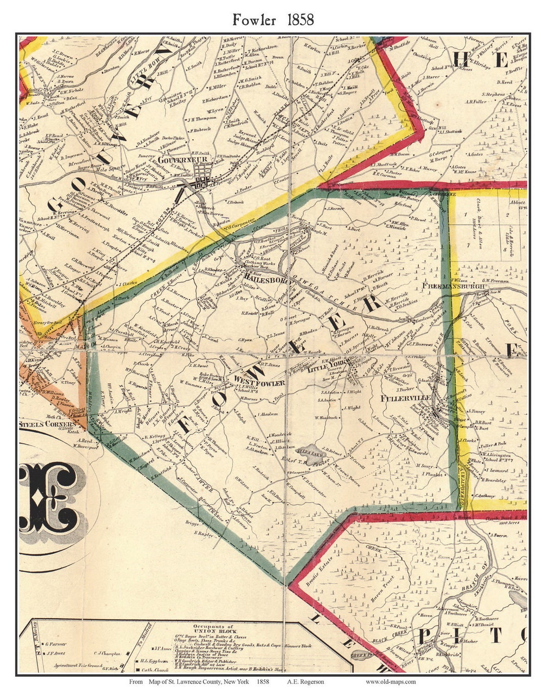 Fowler 1858 Old Town Map With Homeowner Names New York Reprint