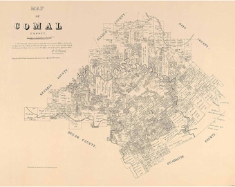 Comal County, Texas - 1879  - Old Wall Map Reprint With Land Owners names  - General Land Office