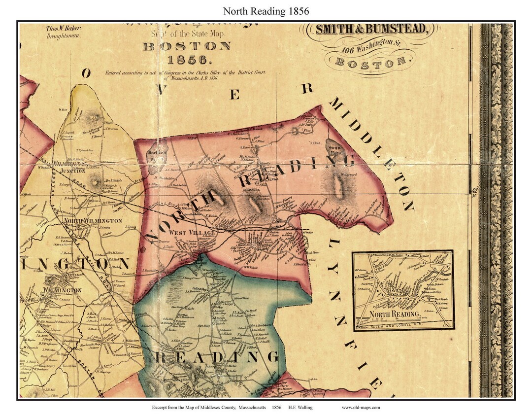North Reading 1856 Old Town Map With Homeowner Names Massachusetts West