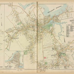 May include: A vintage map of Hingham, Massachusetts, showing the town's streets, roads, and waterways. The map is divided into sections, with each section labeled with the name of the area it represents. The map also includes a key that explains the different symbols used on the map.