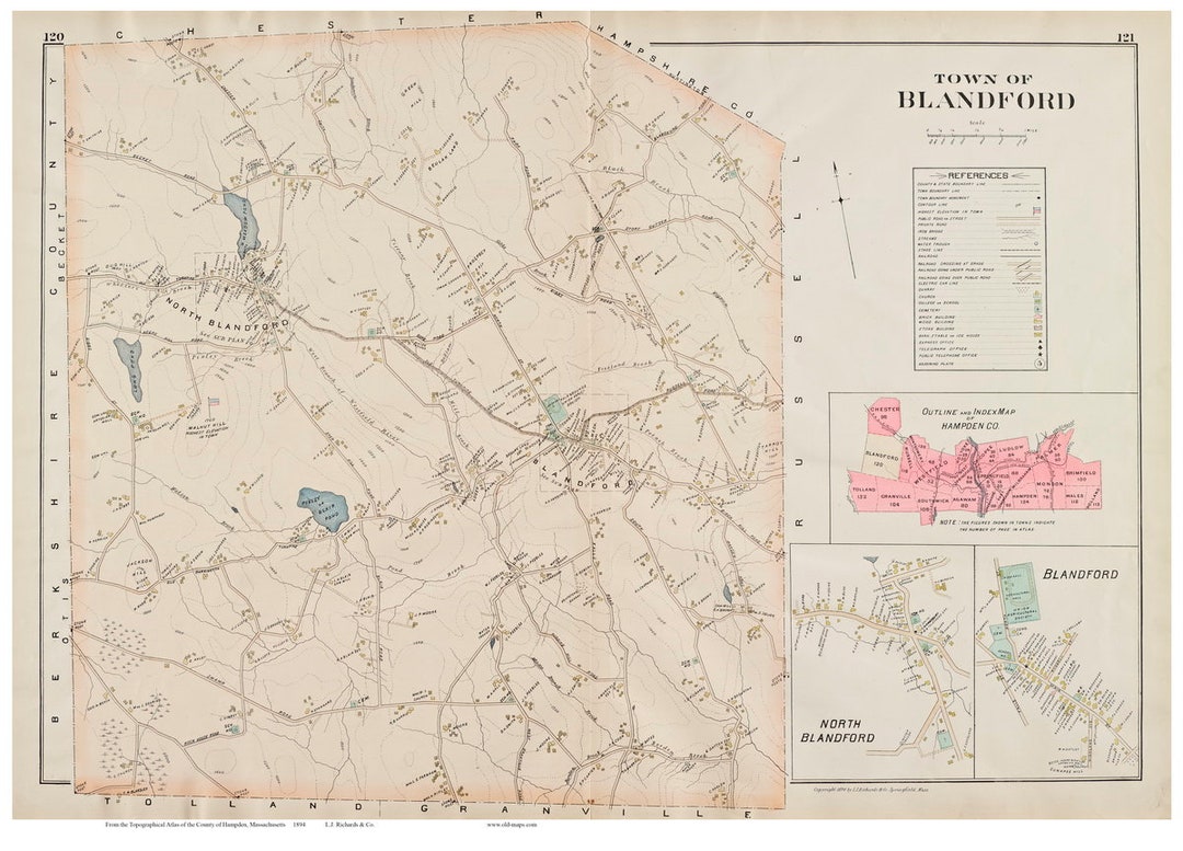 Blandford 1894 Old Town Map Reprint Hampden County, Massachusetts