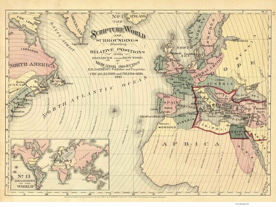 Bible Reseach Historical Hand Atlas 2 Scripture World from Jerusaleum 1881 Old Map Reprint Middle East