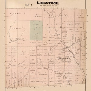 May include: A vintage map of Limestone Township in the state of Illinois. The map shows the names of the townships, roads, and residents. The map is printed on a cream-colored paper with black ink.