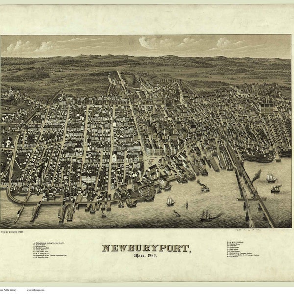 Newburyport Massachusetts 1880 Birds Eye View MA Reprint