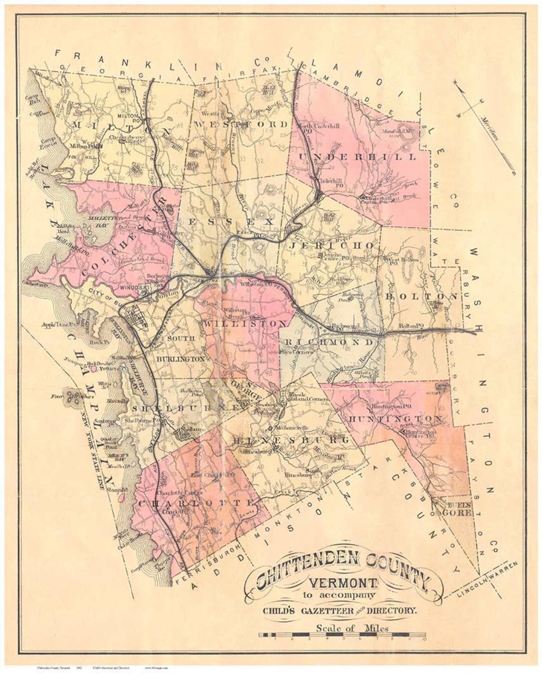 Chittenden County Vermont 1882 Childs Gazetteer & Directory Old Map