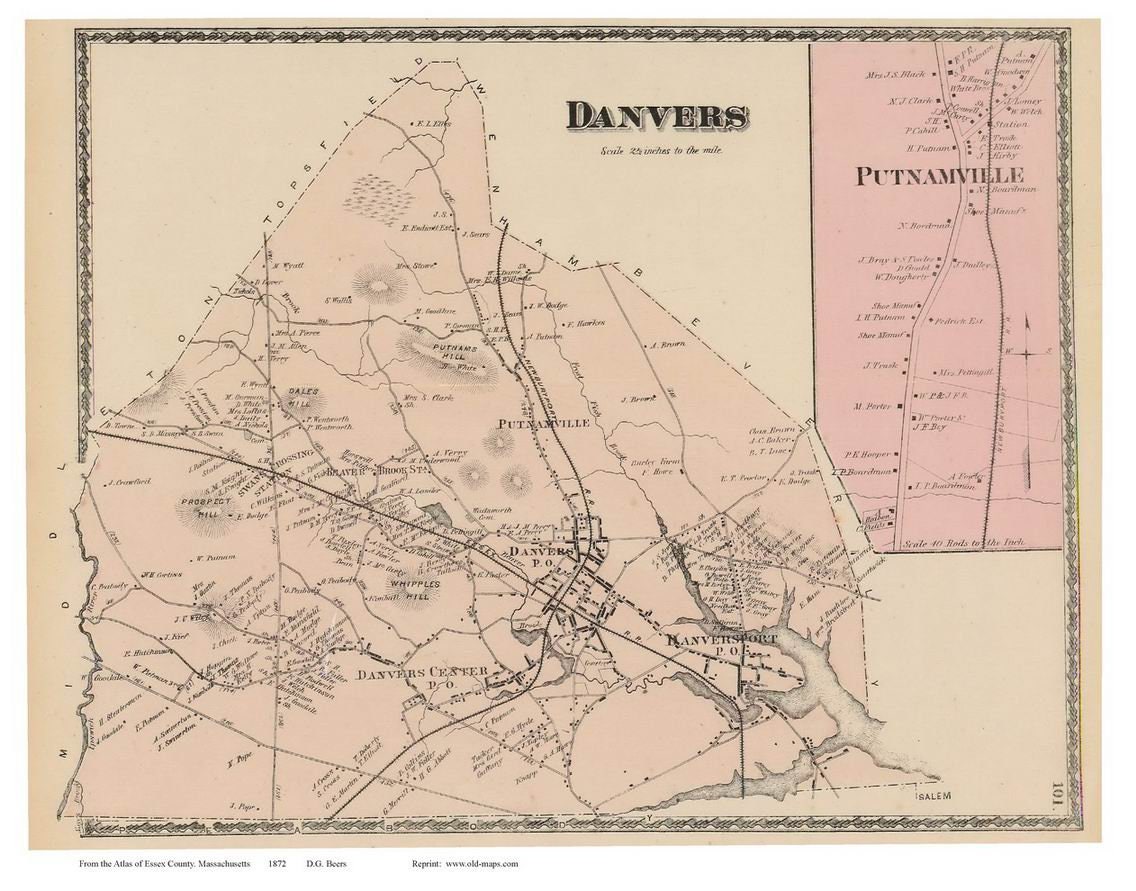 Danvers 1872 Old Town Map Reprint Putnamville Essex