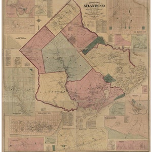 Atlantic County  New Jersey 1872 Wall Map -  Reprint with Homeowner Names - Genealogy