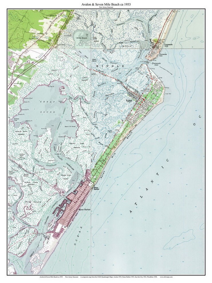 Avalon & Seven Mile Beach 1953 Old Topographic Map USGS Custom