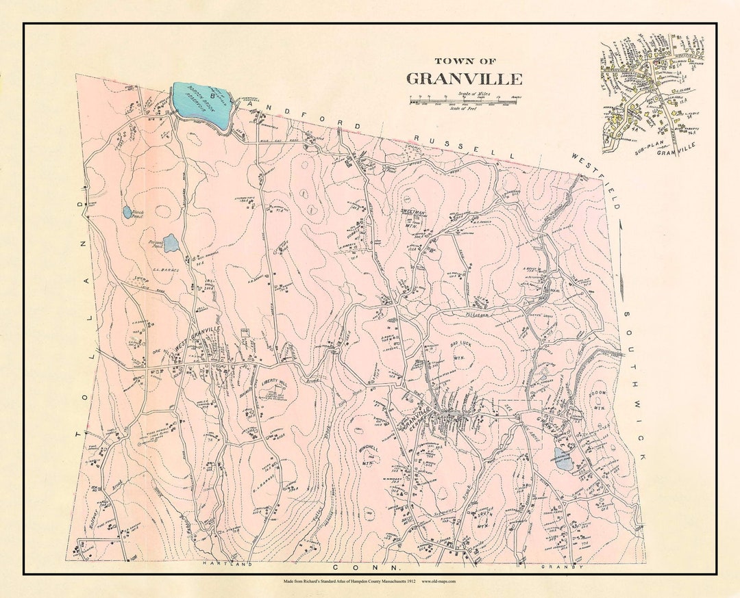 Granville 1912 Old Town Map Custom Reprint Hampden County, Massachusetts Homeowner Names